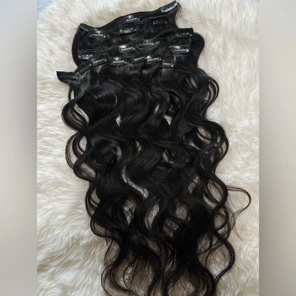 100% HUMAN HAIR Body Wave Clip in Black Hair Extensions  22 inch - Picture 4 of 4